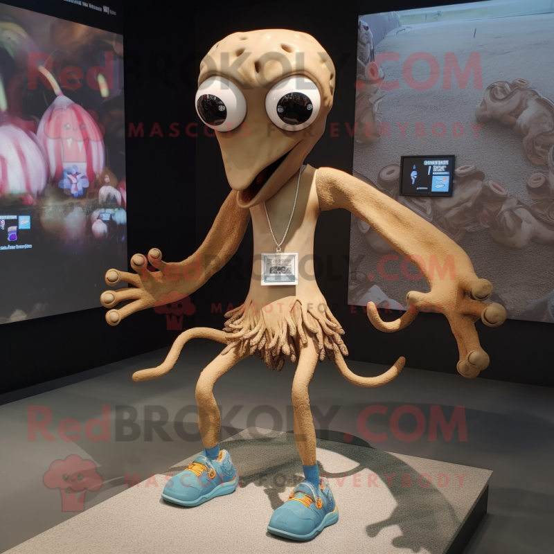 Tan Kraken mascot costume character dressed with a Running Shorts and Necklaces Tan Kraken mascot costume character dressed with a Running Shorts and Necklaces