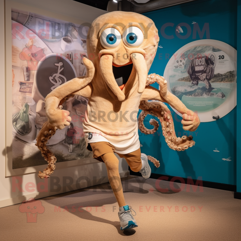Tan Kraken mascot costume character dressed with a Running Shorts and Necklaces