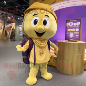 Gold Plum mascot costume character dressed with a Cargo Pants and Scarves