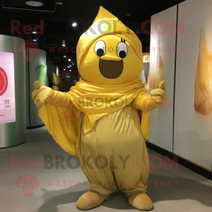 Gold Plum mascot costume character dressed with a Cargo Pants and Scarves
