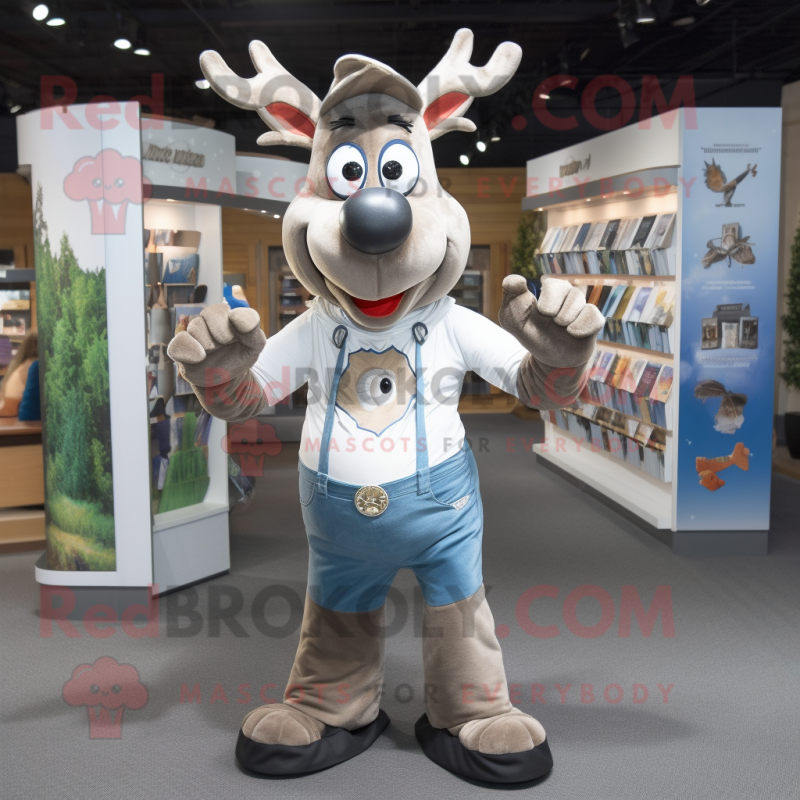 Silver Elk mascot costume character dressed with a Jeans and Suspenders Silver Elk mascot costume character dressed with a Jeans and Suspenders