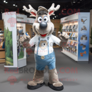 Silver Elk mascot costume character dressed with a Jeans and Suspenders