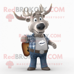 Silver Elk mascot costume character dressed with a Jeans and Suspenders