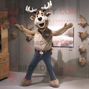 Silver Elk mascot costume character dressed with a Jeans and Suspenders
