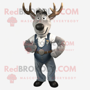 Silver Elk mascot costume character dressed with a Jeans and Suspenders