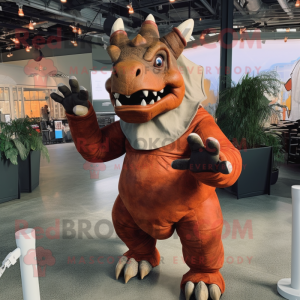 Rust Triceratops mascot costume character dressed with a Dress Shirt and Gloves