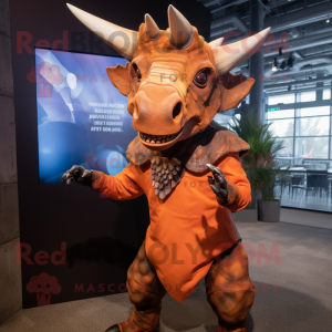 Rust Triceratops mascot costume character dressed with a Dress Shirt and Gloves