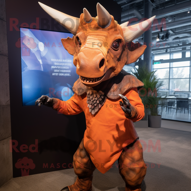 Rust Triceratops mascot costume character dressed with a Dress Shirt and Gloves Rust Triceratops mascot costume character dressed with a Dress Shirt and Gloves