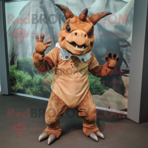 Rust Triceratops mascot costume character dressed with a Dress Shirt and Gloves