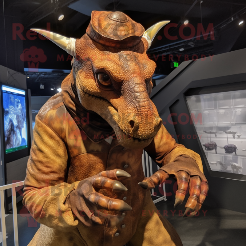 Rust Triceratops mascot costume character dressed with a Dress Shirt and Gloves