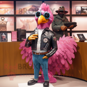 Pink Peacock mascot costume character dressed with a Leather Jacket and Wallets