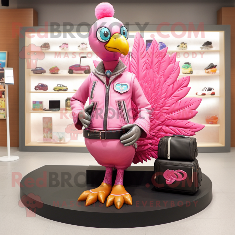 Pink Peacock mascot costume character dressed with a Leather Jacket and Wallets