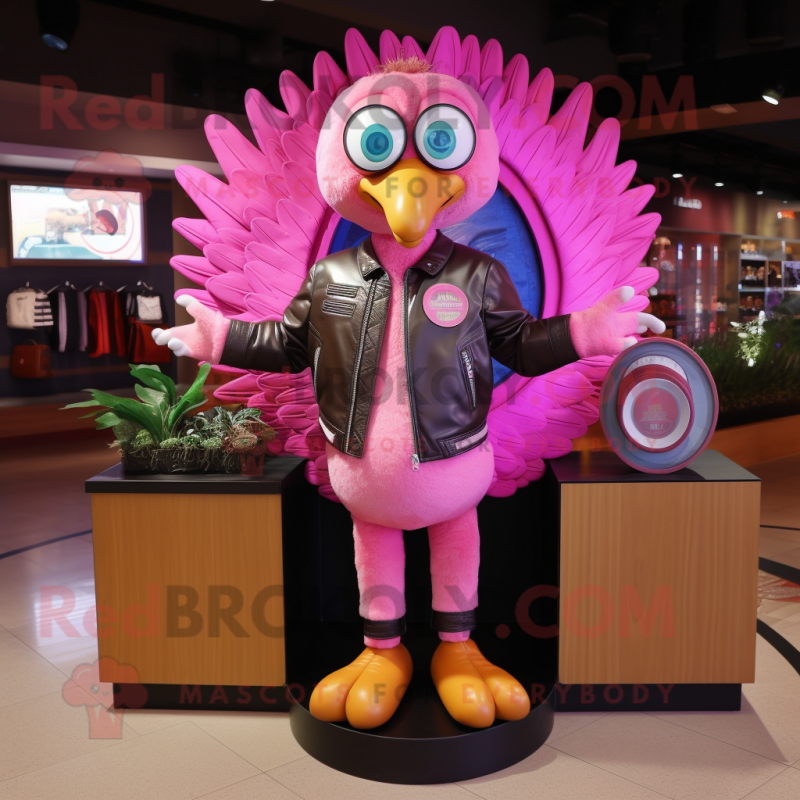 Pink Peacock mascot costume character dressed with a Leather Jacket and Wallets