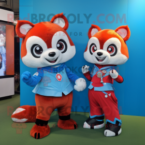 Sky Blue Red Panda mascot costume character dressed with a Mini Skirt and Smartwatches