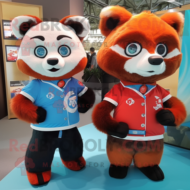 Sky Blue Red Panda mascot costume character dressed with a Mini Skirt and Smartwatches