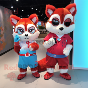 Sky Blue Red Panda mascot costume character dressed with a Mini Skirt and Smartwatches