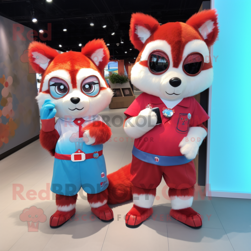 Sky Blue Red Panda mascot costume character dressed with a Mini Skirt and Smartwatches