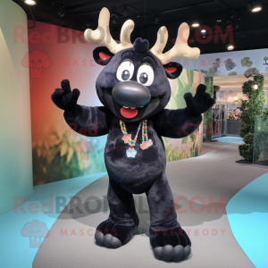 Black Reindeer mascot costume character dressed with a Mom Jeans and Bracelets