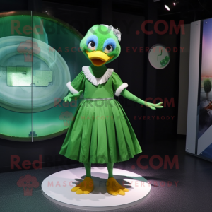 Green Gosling mascot costume character dressed with a Circle Skirt and Cummerbunds