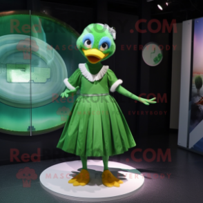 Green Gosling mascot costume character dressed with a Circle Skirt and Cummerbunds