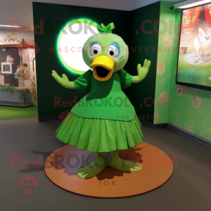 Green Gosling mascot costume character dressed with a Circle Skirt and Cummerbunds