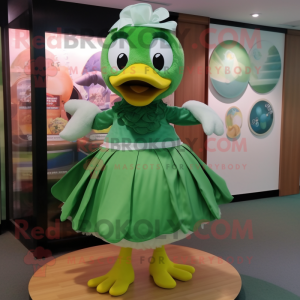 Green Gosling mascot costume character dressed with a Circle Skirt and Cummerbunds