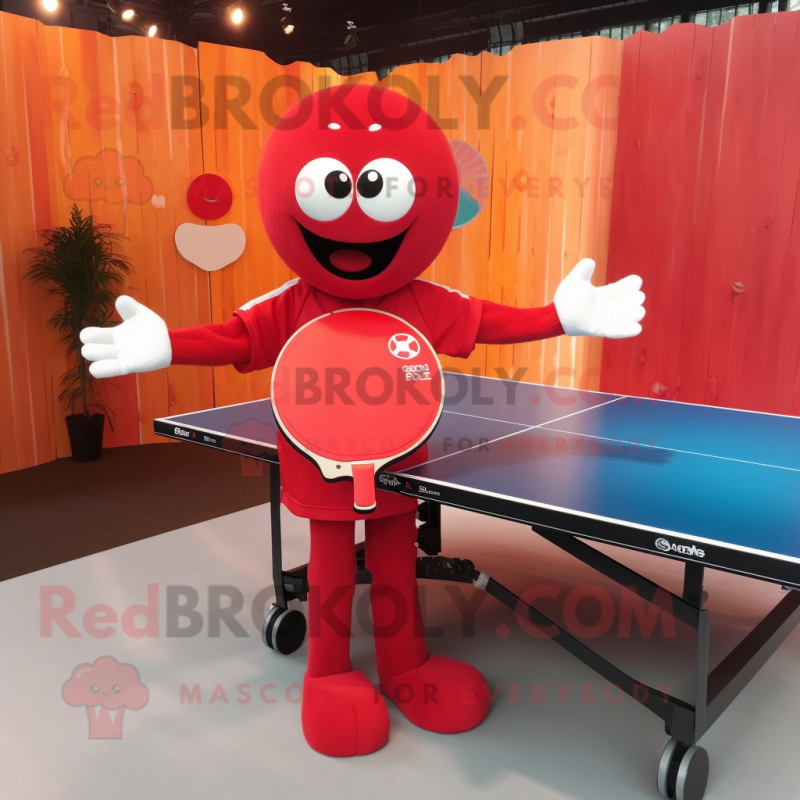 Red Ping Pong Table mascot costume character dressed with a Flare Jeans and Lapel pins Red Ping Pong Table mascot costume character dressed with a Flare Jeans and Lapel pins