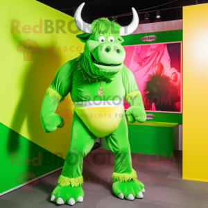 Lime Green Bison mascot costume character dressed with a Bikini and Earrings