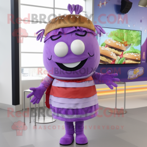 Purple Burgers mascot costume character dressed with a Wrap Skirt and Hairpins