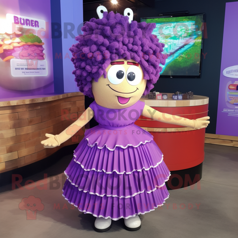 Purple Burgers mascot costume character dressed with a Wrap Skirt and Hairpins Purple Burgers mascot costume character dressed with a Wrap Skirt and Hairpins