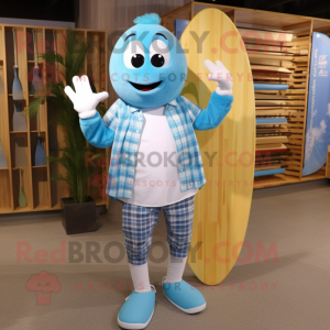 Sky Blue Surfboard mascot costume character dressed with a Flannel Shirt and Bracelet watches
