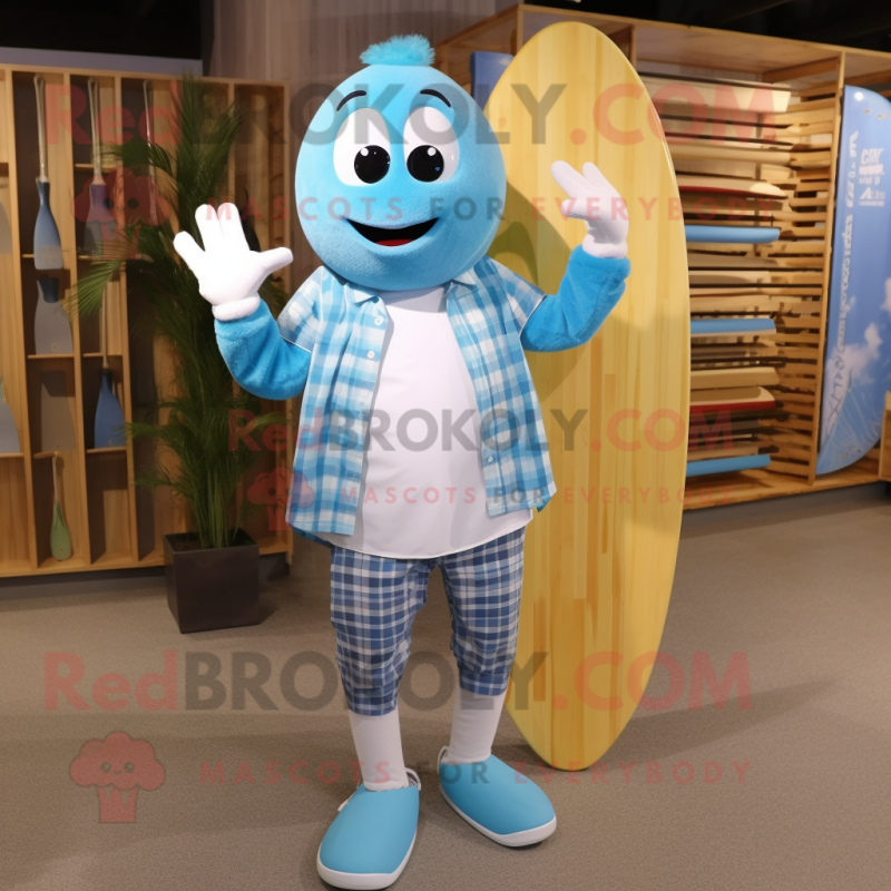 Sky Blue Surfboard mascot costume character dressed with a Flannel Shirt and Bracelet watches