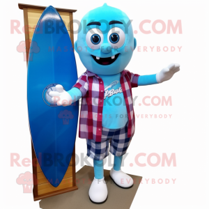 Sky Blue Surfboard mascot costume character dressed with a Flannel Shirt and Bracelet watches