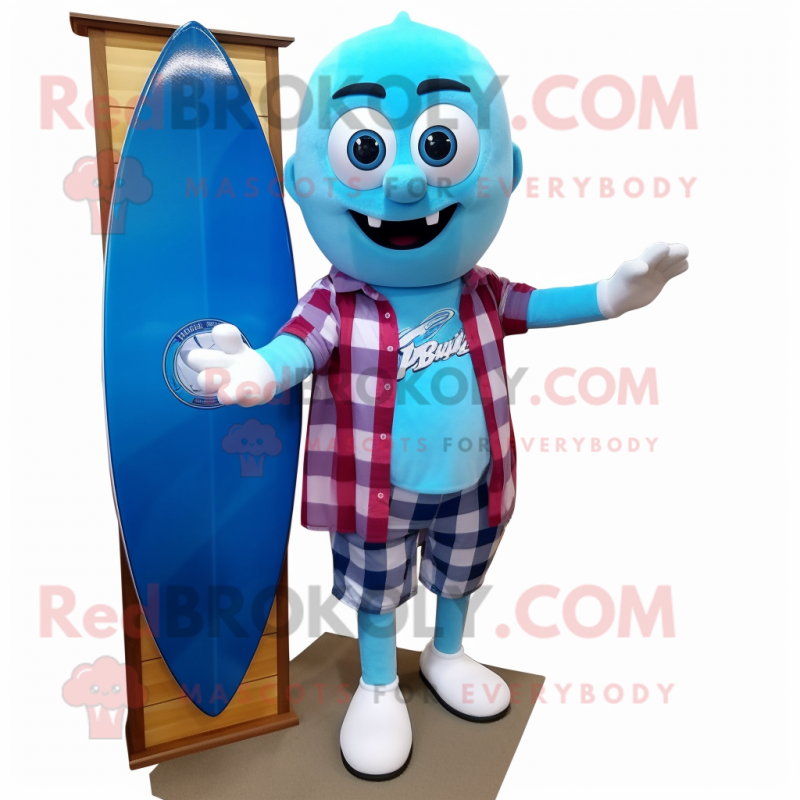 Sky Blue Surfboard mascot costume character dressed with a Flannel Shirt and Bracelet watches