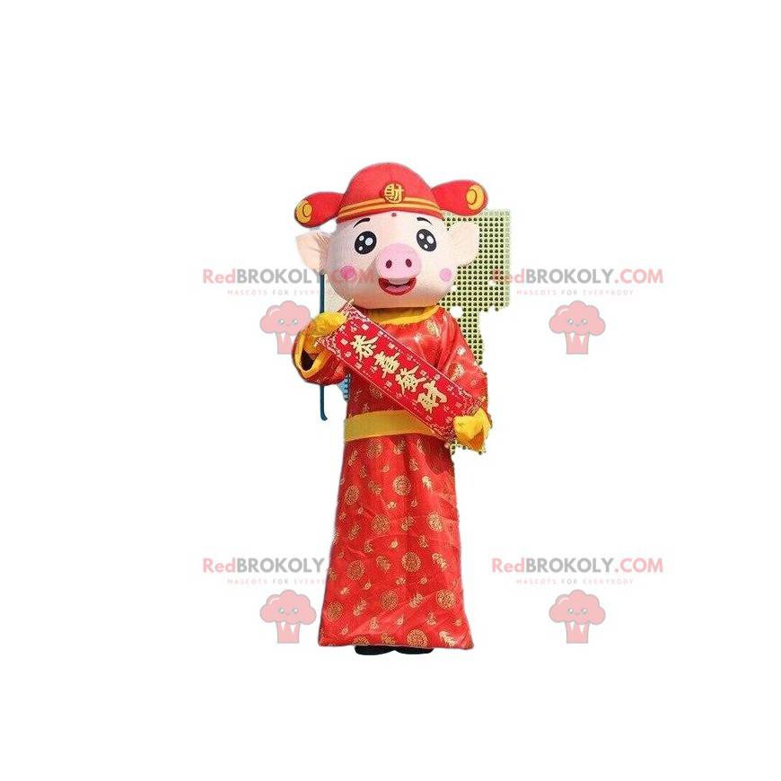 Mascote porco, fantasia de porco asiático, deus da riqueza -