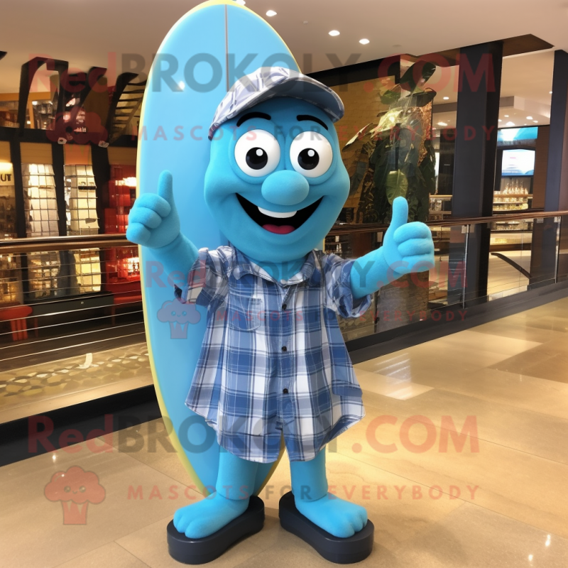 Sky Blue Surfboard mascot costume character dressed with a Flannel Shirt and Bracelet watches
