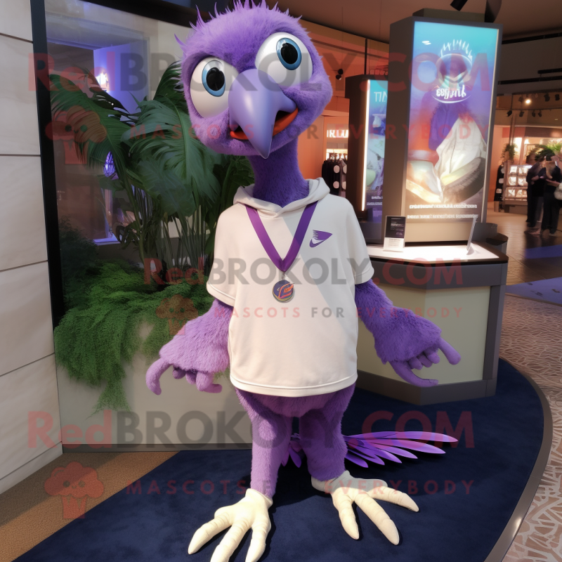 Lavender Archeopteryx mascot costume character dressed with a Sweatshirt and Necklaces Lavender Archeopteryx mascot costume character dressed with a Sweatshirt and Necklaces
