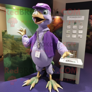 Lavender Archeopteryx mascot costume character dressed with a Sweatshirt and Necklaces