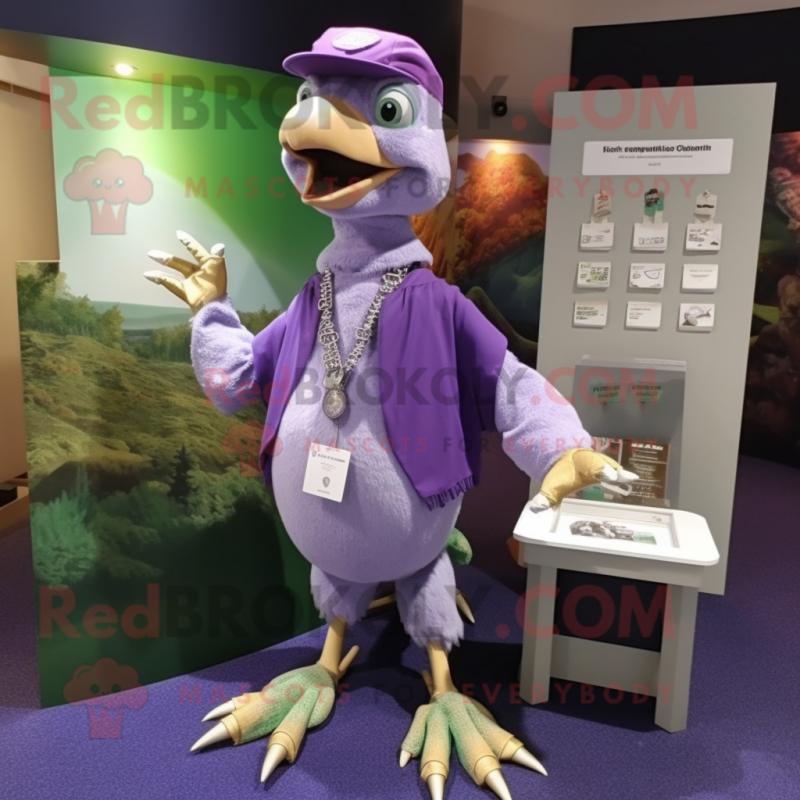 Lavender Archeopteryx mascot costume character dressed with a Sweatshirt and Necklaces Lavender Archeopteryx mascot costume character dressed with a Sweatshirt and Necklaces