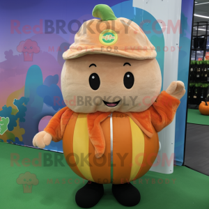 Peach Pumpkin mascot costume character dressed with a Jacket and Beanies