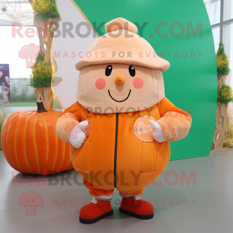 Peach Pumpkin mascot costume character dressed with a Jacket and Beanies
