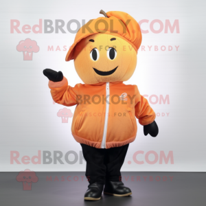 Peach Pumpkin mascot costume character dressed with a Jacket and Beanies