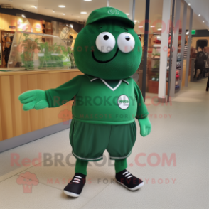 Forest Green Petanque Ball mascot costume character dressed with a Playsuit and Shoe laces