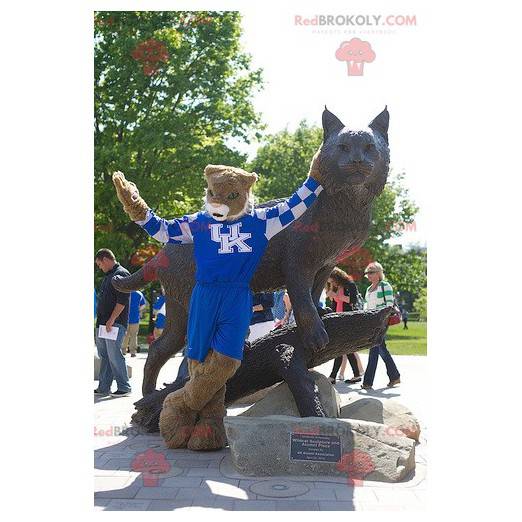 Brown and white tiger mascot in blue outfit - Redbrokoly.com