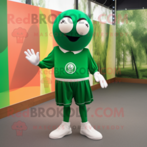 Forest Green Petanque Ball mascot costume character dressed with a Playsuit and Shoe laces