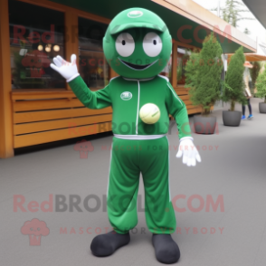 Forest Green Petanque Ball mascot costume character dressed with a Playsuit and Shoe laces