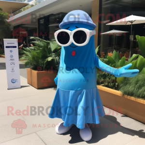 Blue Aglet mascot costume character dressed with a A-Line Skirt and Sunglasses