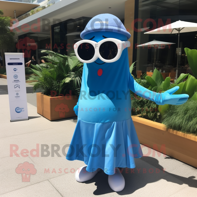 Blue Aglet mascot costume character dressed with a A-Line Skirt and Sunglasses Blue Aglet mascot costume character dressed with a A-Line Skirt and Sunglasses