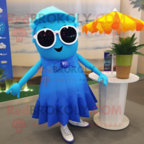 Blue Aglet mascot costume character dressed with a A-Line Skirt and Sunglasses