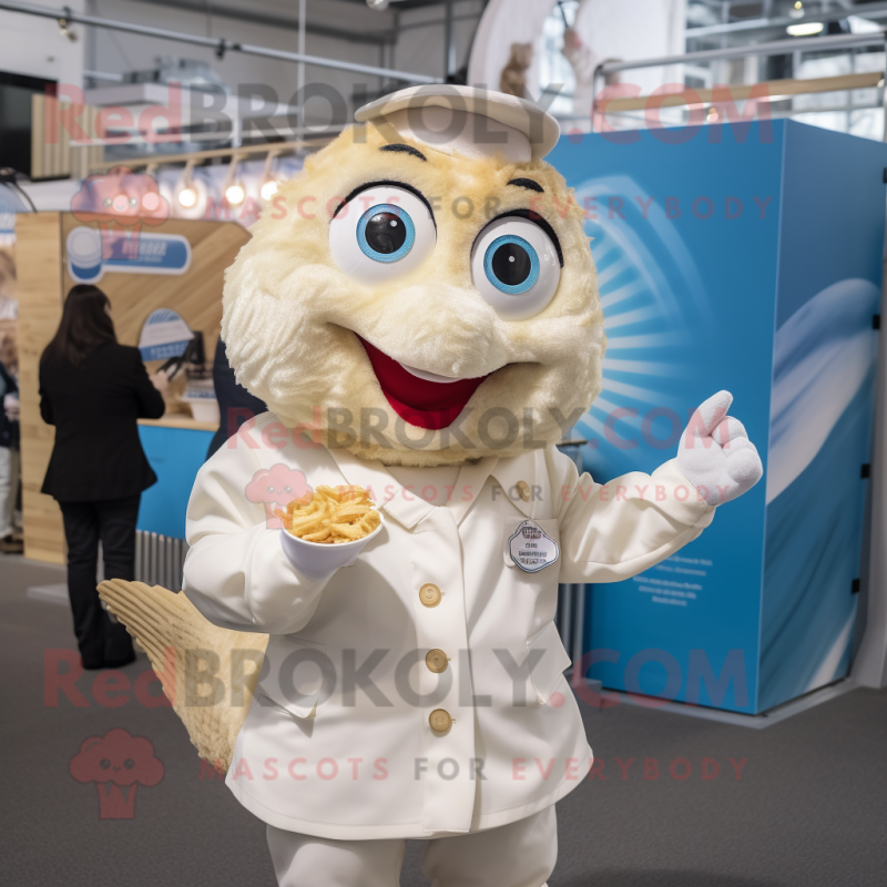 Cream Fish And Chips mascot costume character dressed with a Button-Up Shirt and Earrings